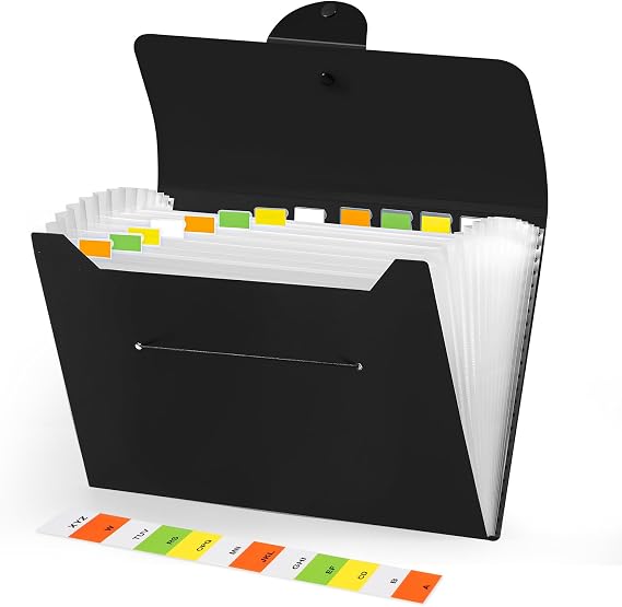Brencco A4 Document Folder with 12 Pockets and Labels - Black A4 expanding file made of water-repellent PP expandable for school study office and document storage