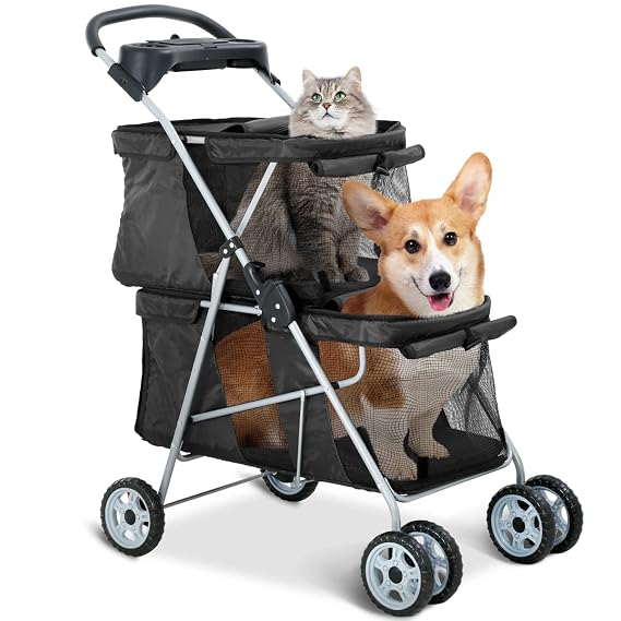 HKLGorg Double Pet Stroller Dog Stroller for 2 Dogs Cats, Foldable Pet Stroller Cat Stroller with 4 Wheels & Soft Pad for Medium Small Dogs Cats Travel Camping Crate Waterproof Folding Stroller(Black)