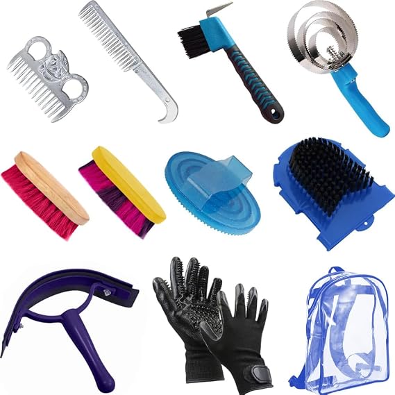 La La Pet Grooming Kit with Bag - 11Pcs Brush Set for Horse Cleaning, Care and Tack Room Supplies