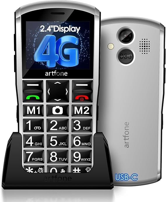 artfone A400 4G Volte Big Button Cell Phone Unlocked for Seniors, Senior Cell Phone for Elderly & Kids with SOS Button, 2MP Camera, 2.4" Display, Loud Speaker, Charging Dock,1800mAh - Silver