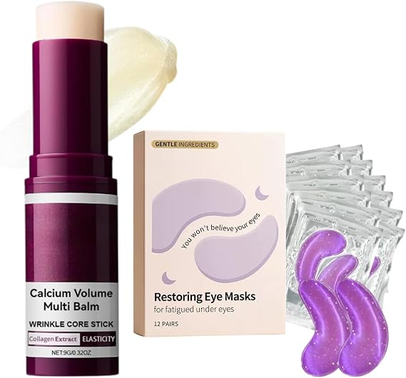 Calcium Multi Balm & Calcium Volume Eye Patches - Anti-Aging Korean Skincare Set for Puffy Eyes, Dark Circles, Wrinkles - Firming & Hydrating Under Eye Masks & Pure Collagen Wand for Face and Neck