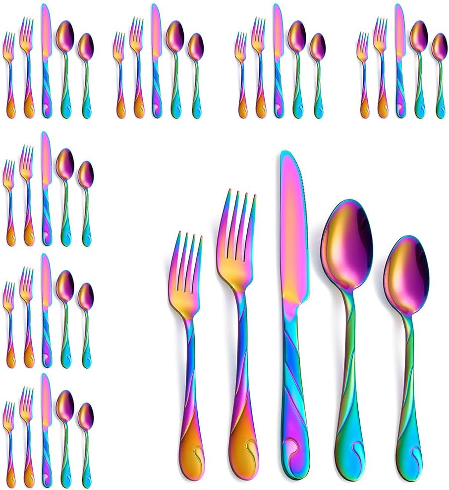 Rainbow Cutlery Set for 8 People, 40 Piece Stainless Steel Flatware Set, Shiny Rainbow Metal Silverware, Including Fork, Knife and Spoon Set, Dishwasher Safe