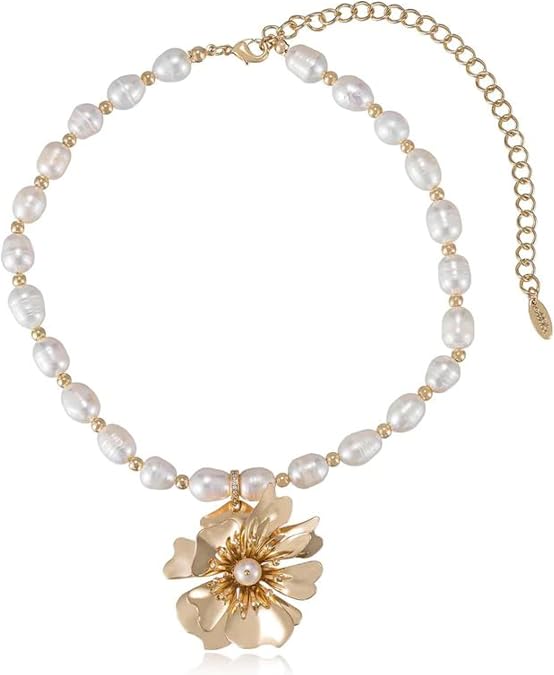 Ettika Pearl Strands. Choker Necklace. Pearl Necklace, Golden Petal and Pearl Necklace, 18K Gold Plated, Jewelry, Gifts for Women