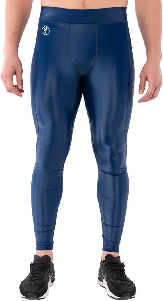 Kapow Meggings Shiny Performance Men's Compression Leggings, Pockets & 4-Way Stretch Tights for Gym, Running, HIIT & Training Delta