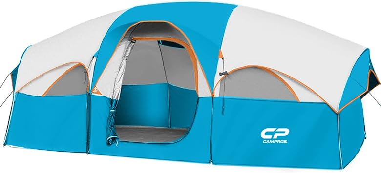 CAMPROS CP Tent 8 Person Camping Tents, Weather Resistant Family Tent, 5 Large Mesh Windows, Double Layer, Divided Curtain for Separated Room, Portable with Carry Bag