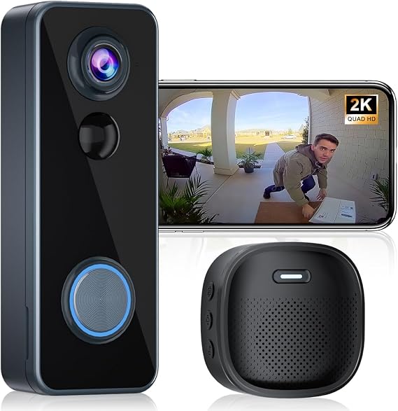 Doorbell Camera Wireless,Head-to-Toe Video - No Subscription Required,2K HD Live View,Two-Way Talk,Smart Video Doorbell with Chime,Motion Alerts,Compatible with Alexa &Google(2.4G WiFi)