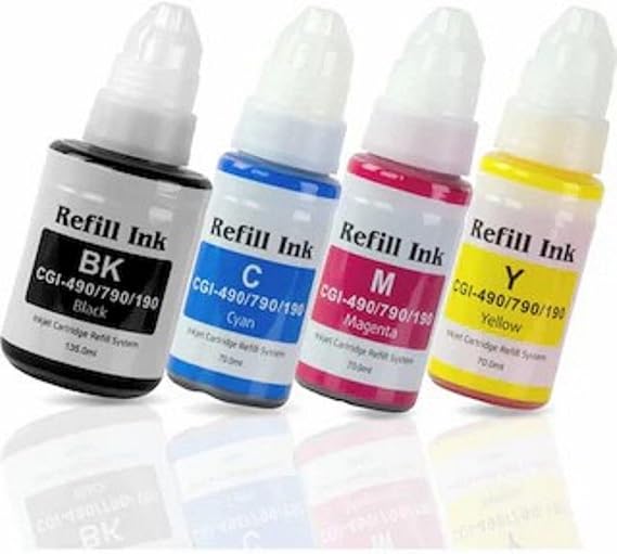 Canon Pixma G3410 GI-490 4 Renk Muadil Mürekkep Seti - Siyah 135 ML- Renkliler 70 ML