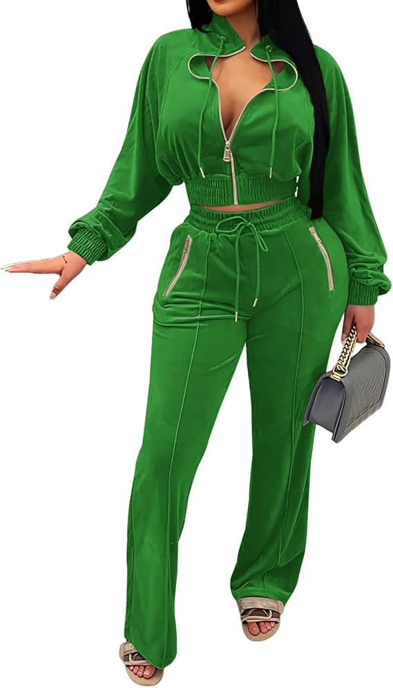 Adogirl Women 2 Piece Outfits Velour Zipper Sweatshirt Wide Leg Long Pants