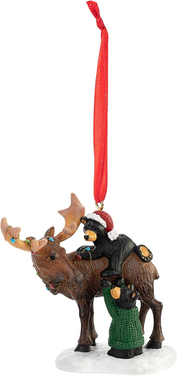 Moose and Bear Friends Brown 3 x 3 Handcast Resin Christmas Hanging Ornament