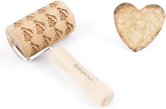 Engraved Mini Rolling Pin with Christmas Tree Pattern for Embossed Cookies Christmas Tree