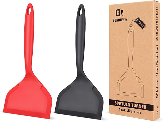 Silicone Pancake Spatula with Short Handle, 2 Pack, Black-Red