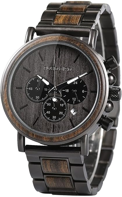 BOBO BIRD Wooden Mens Watches Wood & Stainless Steel Combined Chronograph Military Quartz Casual Wristwatches