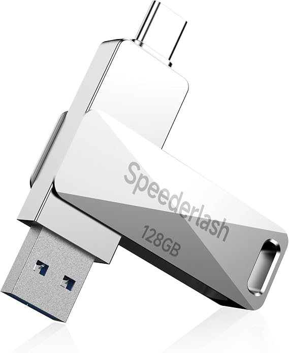 128GB USB 3.0 Flash Drive, Speederlash Dual USB A & Type-C Thumb Drive, 200MB/s Read Speed Jump Drive, Swivel Metal Housing 2-in-1 Memory Stick for Android Phones, Tablets, Laptops, and PCs