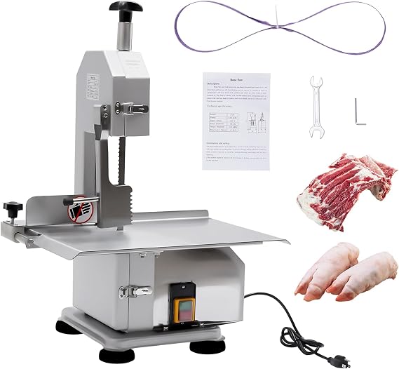 Bone Saw Machine, 650W Commercial Bandsaw Machine Adjustable Slice Thickness Frozen Meat Cutter with Push Handle & Locking Clips & Removable Saw Blade Disc for Cutting Ribs, Pig's Feet