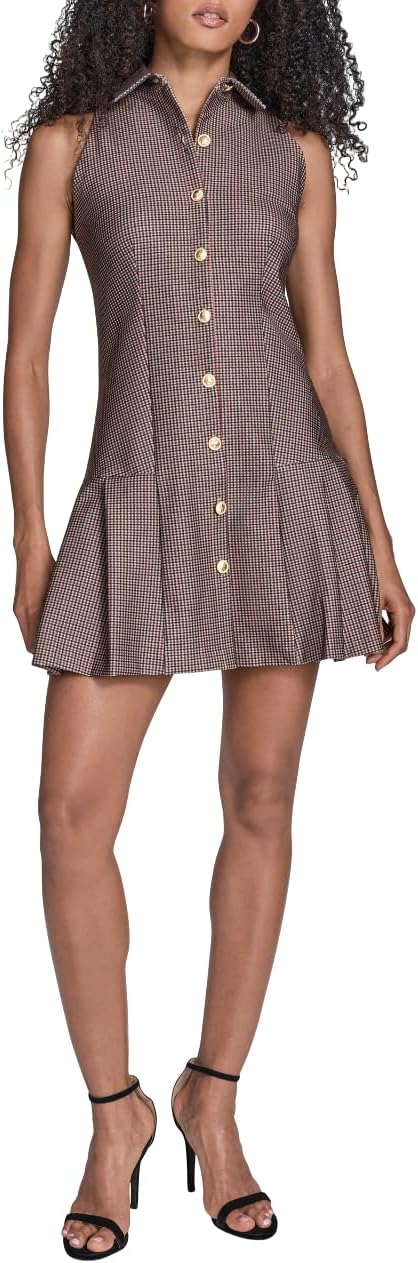 BCBG Women's Sleeveless Collared Button Front Pleated A-line Mini Dress