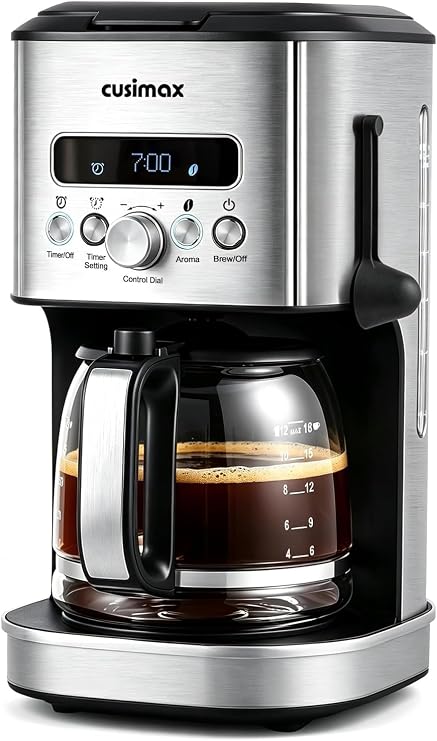 CUSIMAX Drip Coffee Maker 12 Cup Programmable Coffee Machine with 24H Timer, LCD Screen & Easy Control Dial, Brew Pause, Aroma Selector, Keep Warm Glass Carafe Coffee Makers, Magnetic Scoop