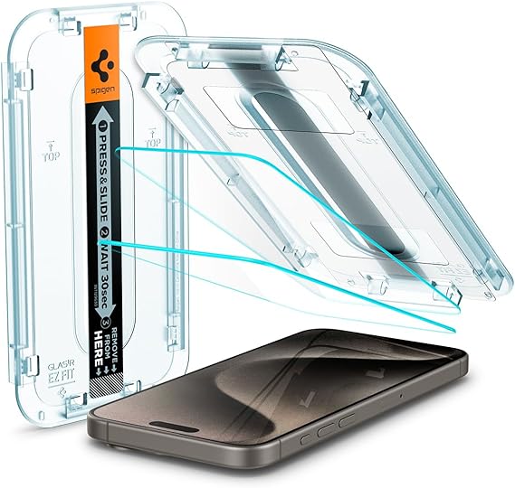 Spigen GlasTR EZ FIT Tempered Glass Screen Protector for iPhone 15 Pro Max | 9H+ Tempered glass, Scratch resistance, Auto-align tray, Lab-tested 100% clarity, Original touch, Case-friendly, 2 Pack