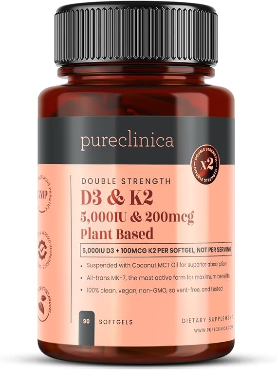 pureclinica Double Strength Vitamin D3 + K2 (MK-7) 5,000 IU D3 + 100mcg K2 x 90 Vegan Softgels Plant-Based Lichen D3 & Natto MK-7 Enhanced Absorption with MCT Oil - 3 Months Supply