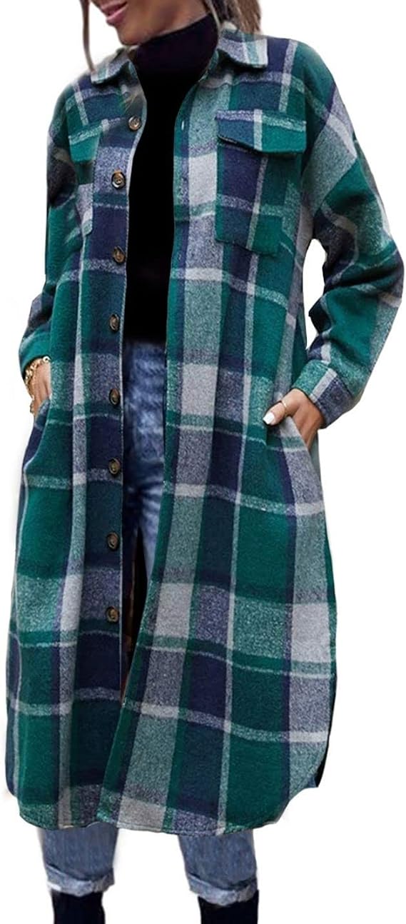 Womens Long Plaid Shacket Wool Blend Button Down Shirt Jacket Coat with Pockets