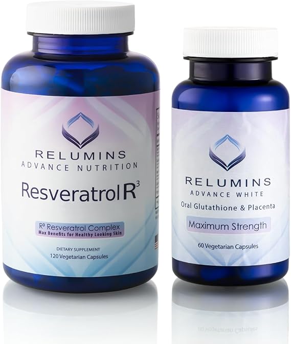 Relumins Advanced White Bundle L-Glutathione 800mg with Vitamin C (60 Capsules) + R3 Resveratrol Complex (120 Capsules) Supplement for Skin Clarity and Wellness Support