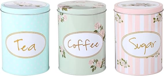 CrazyGadget® 3PC Round Tea Sugar & Coffee Canisters - Metal Vintage Style Floral Shabby Chic Kitchen Storage 15cm Tall 11cm Diameter Attractive Soft Pastel Green Blue & Peach Tones.
