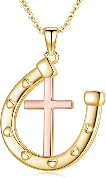 MEDWISE Horseshoe Faith Cross Sterling Silver Horseshoe Pendant with Turquoise Bull Skull Necklace - Silver/Gold Western Jewelry for Women Horse Lovers