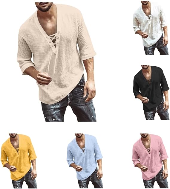 Mens Lace Up Drawstring Hippie Long Sleeve T Shirts Fashion Beach V-Neck Yoga Summer Top Solid Cotton Linen Shirts