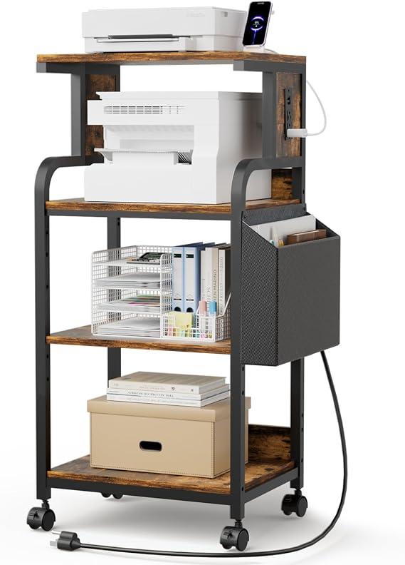 Tall Printer Stand with Charging Station, 4-Tier Mobile Printers Cart