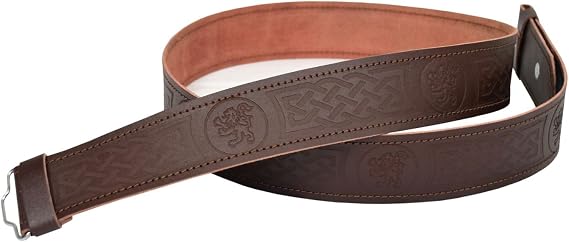 Leather Kilt Belt Adjustable size for Kilts Highland Brown Lion Rampant Embossed