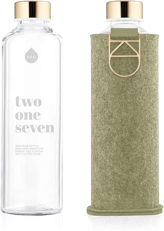 EQUA Glass Water Bottle - 25 oz - Leak Proof and BPA Free - from Borosilicate Glass and Felt Cover for Extra Protection