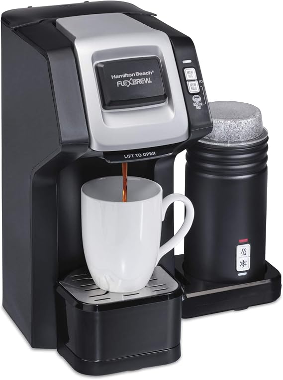 Hamilton Beach FlexBrew Single-Serve Coffee Maker with Milk Frother Compatible with K-Cup Pods and Grounds, 1cups, Black (49949)