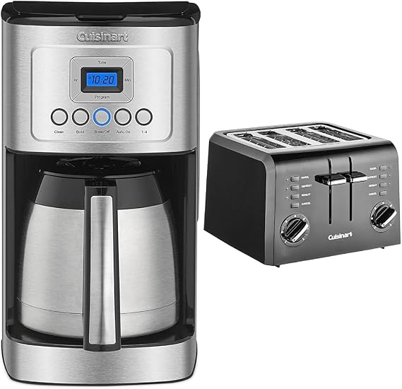 Cuisinart Coffee Maker, 12 Cup Programmable Drip with Carafe, Stainless Steel, DCC-3400P1 & CPT-142BK 4-Slice Compact Plastic Toaster, Black