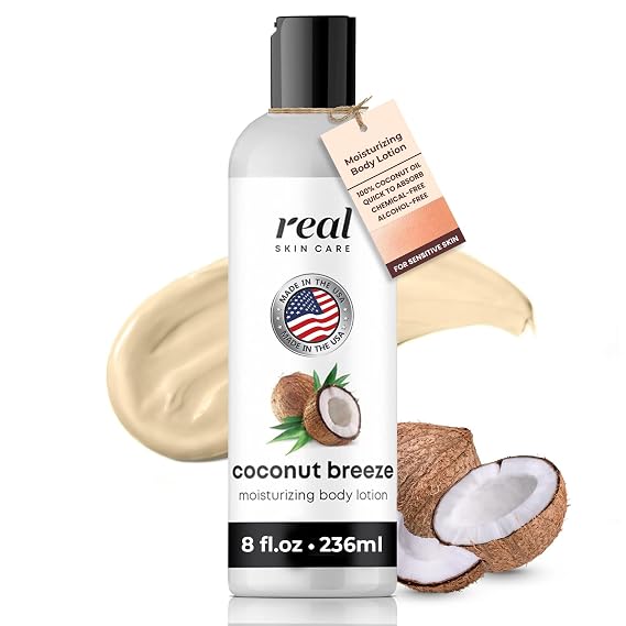Real Skin Care Organic Body Lotion 8oz - Lightweight & Non-Greasy, Coconut Oil & Jojoba - Moisturizer for Dry & Sensitive Skin, Reduce Fine Lines and Wrinkles - Paraben Free Natural Body Lotion