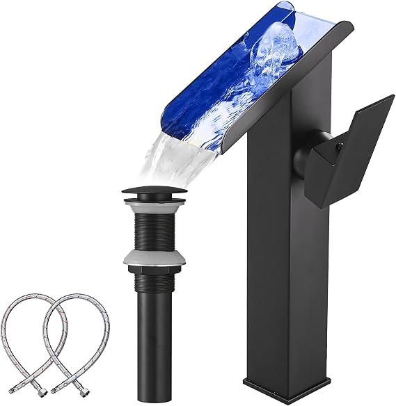 Black Vessel Faucet Bathroom Waterfall Open Spout Led Color Changing by Temperature Basin Faucet for Bowl Sink Right Handle 1 Hole Without Overflow Pop Up Drain Supply Hose Vanity Bath Tap Deck Mount