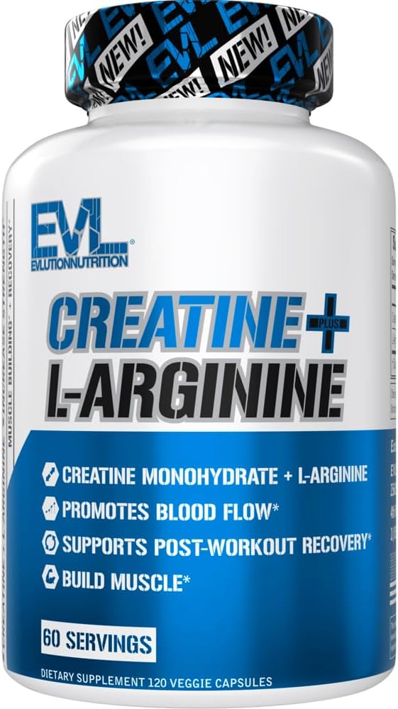 EVL Creatine + L-Arginine Supplement Capsules, 500mg Each - 60 Servings