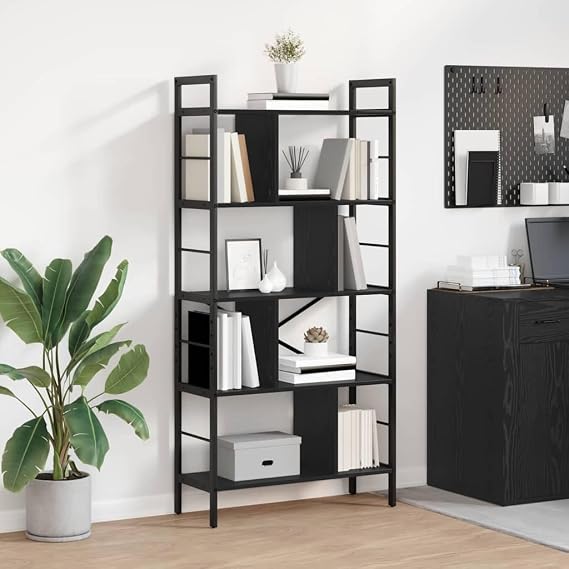 Industrial Bookshelf Black Oak 75x30x156 cm Engineered Wood and Steel Frame with Multiple Shelves for Living Room Home Office Storage Display