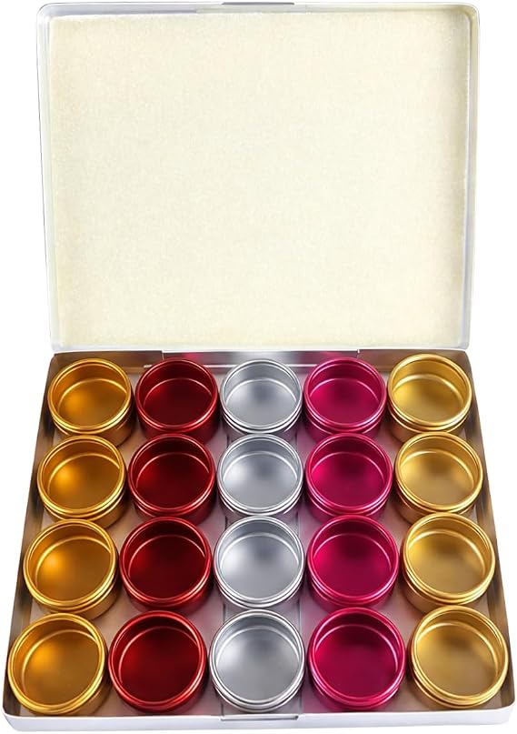 BIN BUDD 20 Pc Multi-color Aluminum Containers | 5 Radiant Colors | 1" (2.5 cm) Diameter 0.75" (1.9 cm) Height | Secure Storage Box Included | Great For Organizing & Storing Small Items