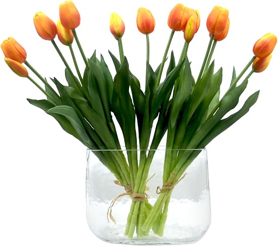15pcs Artificial Tulips Flowers, Fake Tulips Real Touch, Faux Latex Bouquets, for Party Wedding Home Room Decoration (Orange)