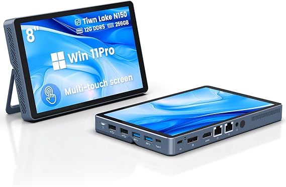 Mini PC N150(up to 3.6GHz), 12GB DDR5 RAM 256GB/512GB/1TB M.2 SSD Mini PC with 8-Inch Touchscreen 4K Dual Display,WIFI6,BT5.2,12 Ports, Portable Micro Computer (N150-12GB+256GB)