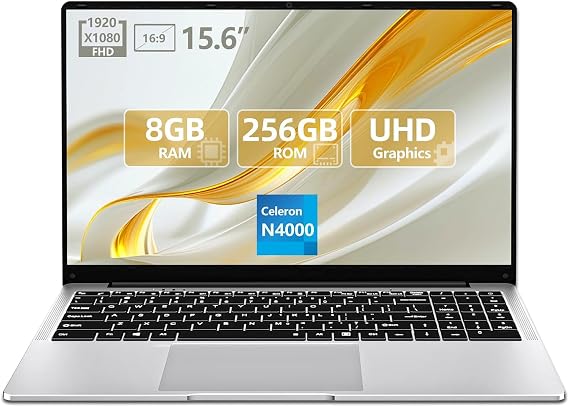 Tunhail 15.6 inch Laptop, Laptops with Celeron N4000, 2025 Gaming Laptop for 8GB LPDDR4 256GB SSD, IPS FHD 1920x1080, WiFi+BT4.2+Mini HDMI+TF Card Slot, Traditional Laptops