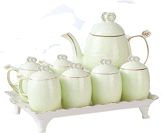 Tea Set,Europe Style Porcelain coffee cup set/teapot Set/tea Cup with Filter，for Tea Lover/Women/Men， 6 ×Cups，6 ×covers，1× Teapot,1×tray(C)