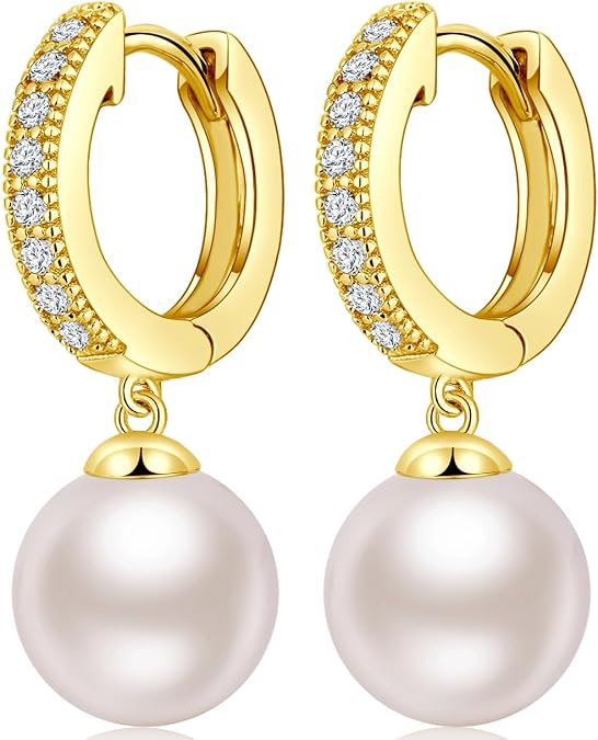 Jiamiaoi 18k White Gold Plated Pearl Earrings, 925 Sterling Silver Pearl Drop Earrings for Women Leverback Jewelry
