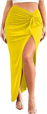 FZYLQY Womens Ruched Pencil Skirt High Waist Wrap Tie Front Asymmetrical Long Maxi Skirts Bodycon Slit Beach Sarong Skirt
