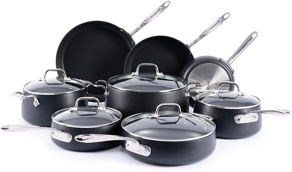 All-Clad HA1 Expert Hard Anodized Nonstick Cookware Set 13 Piece Pots, Frying Pans, Dishwasher-Safe, Oven-Safe Up to 500F Compatible with All Stovetops Gas, Electric & Induction - Black