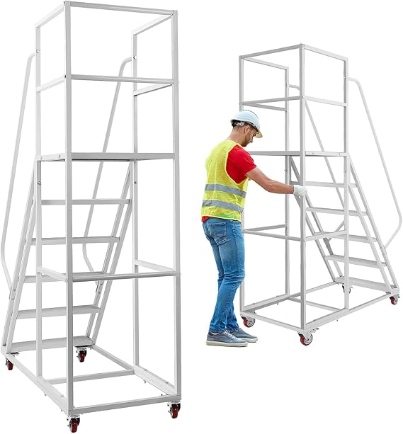 Rolling Stair Ladder with Wheels, 6-Steps Movable Industrial Warehouse | Step Ladder Heavy Duty Platform Ladders & Stair Edge Protector for Supermarket Library Garage, Rolling Stair (White)