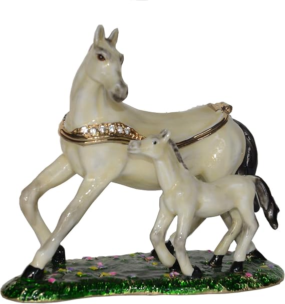 Horse Mom and Baby Trinket Box Jewelry Box Hand Painted Decorative Box with Hinged Lid Ring Earring Holder AnimalFigurine Collectible