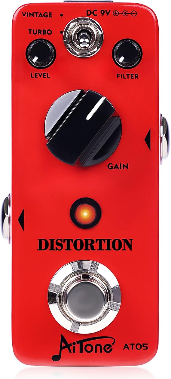 AITONE Analog Distortion Guitar Pedal, Vintage and Turbo Modes (AT-05) | Gain Filter Level Controls, True Bypass Mini Metal Effect Pedal for Electric Guitar, Blues, Rock and Metal