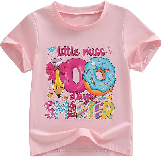 3-9Y Little Kids Toddler Girl 100 Days of School Shirt Letters Pencil Print Tops Cute Short Sleeve Tees