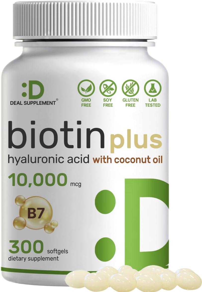 Biotin 10000mcg Plus Hyaluronic Acid 25mg with Coconut Oil, 300 Softgels, Bioavailable Biotin Vitamin B7 Supplement, Promote Healthy Hair, Skin & Nails for Women and Men, Gluten Free, Non-GMO