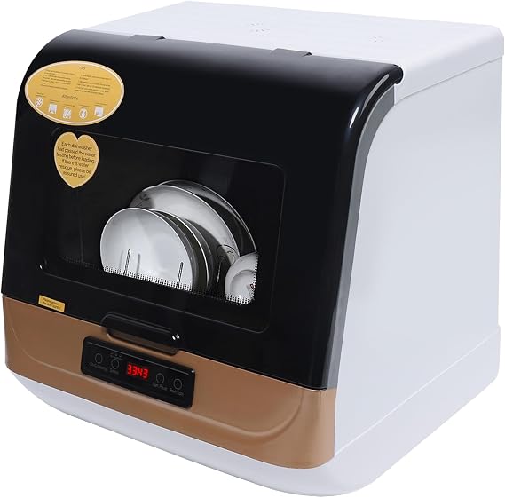 Portable Countertop Dishwasher, Compact Dishwashers with 3 Washing Programs, Efficient Cleaning Automatic Mini Dish Washing Machine for Home, Dorm, Apartment (Gold)